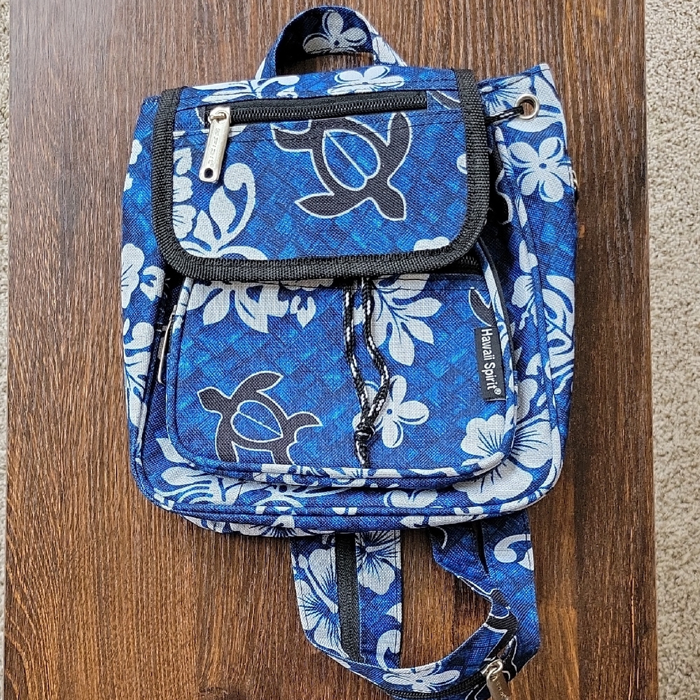 Hawaii Spirit Blue White Black Small Backpack/Purse With Turtle And Flowers